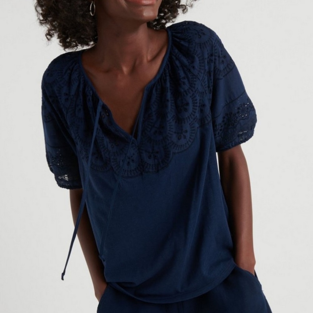 Lucky Brand 🍀 Navy Blue Eyelet Peasant Top
